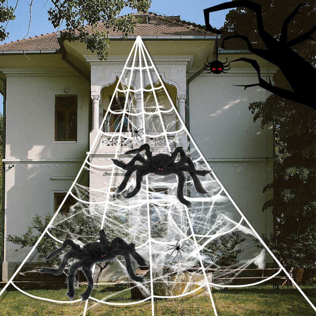 Spider Webs Halloween Decorations, 2 pcs 20 " Giant Spider + 23FTx18FT Huge Spider Web + 80g Stretch Web Component for Outdoor Halloween Decorations Yard Lawn Home Costumes Party Haunted House Decor