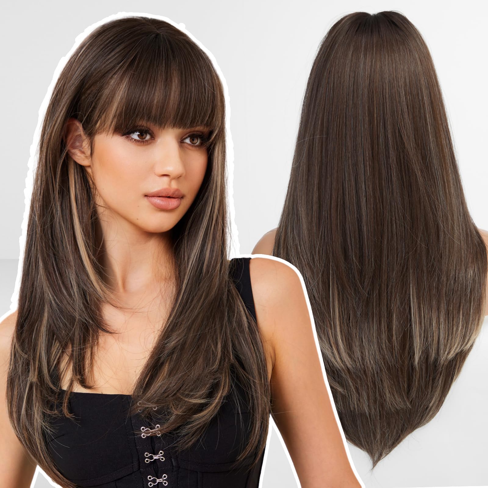 WOKESTAR Brown Wigs for Women Layered Straight Long Wig with Fringe