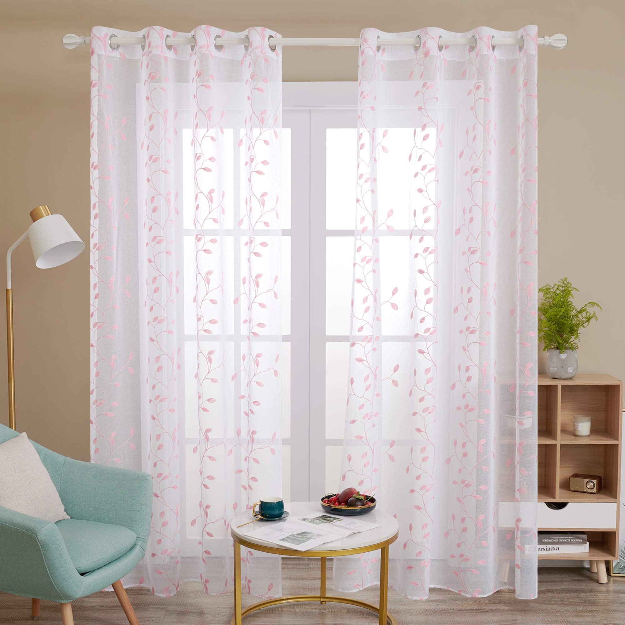 Deconovo Set of 2 Net Curtains Living Room with Morif Embroidery Eyelet 140 x 280 cm Pink Linen Effect