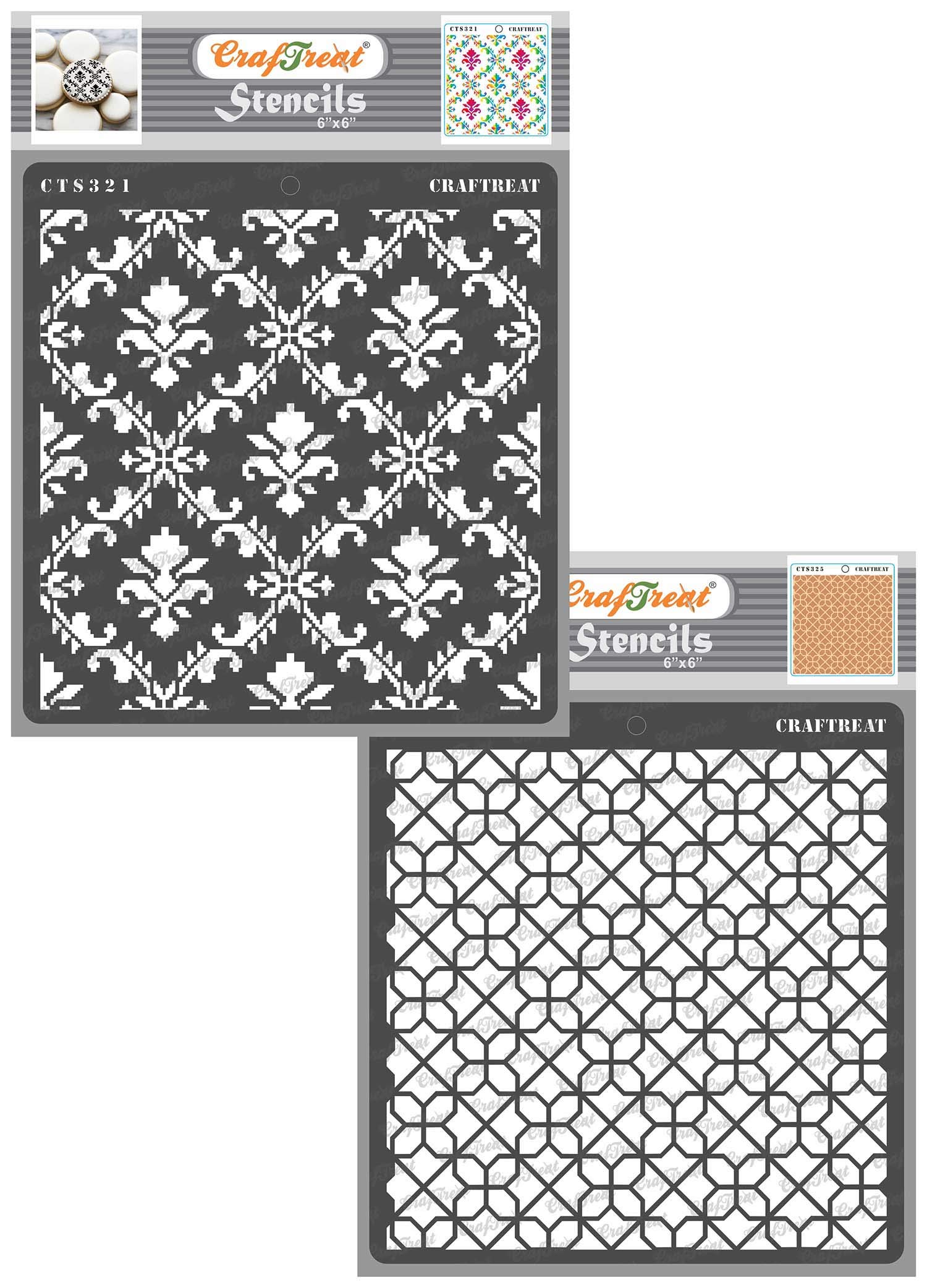 CrafTreat Reusable Pattern Stencils for Painting on Wood, Wall, Tile, Canvas, Paper, Fabric and Floor - Ikat Damask and Diamond Tile (2 Pcs) -6x6 Inch Each - DIY Art and Craft Stencils