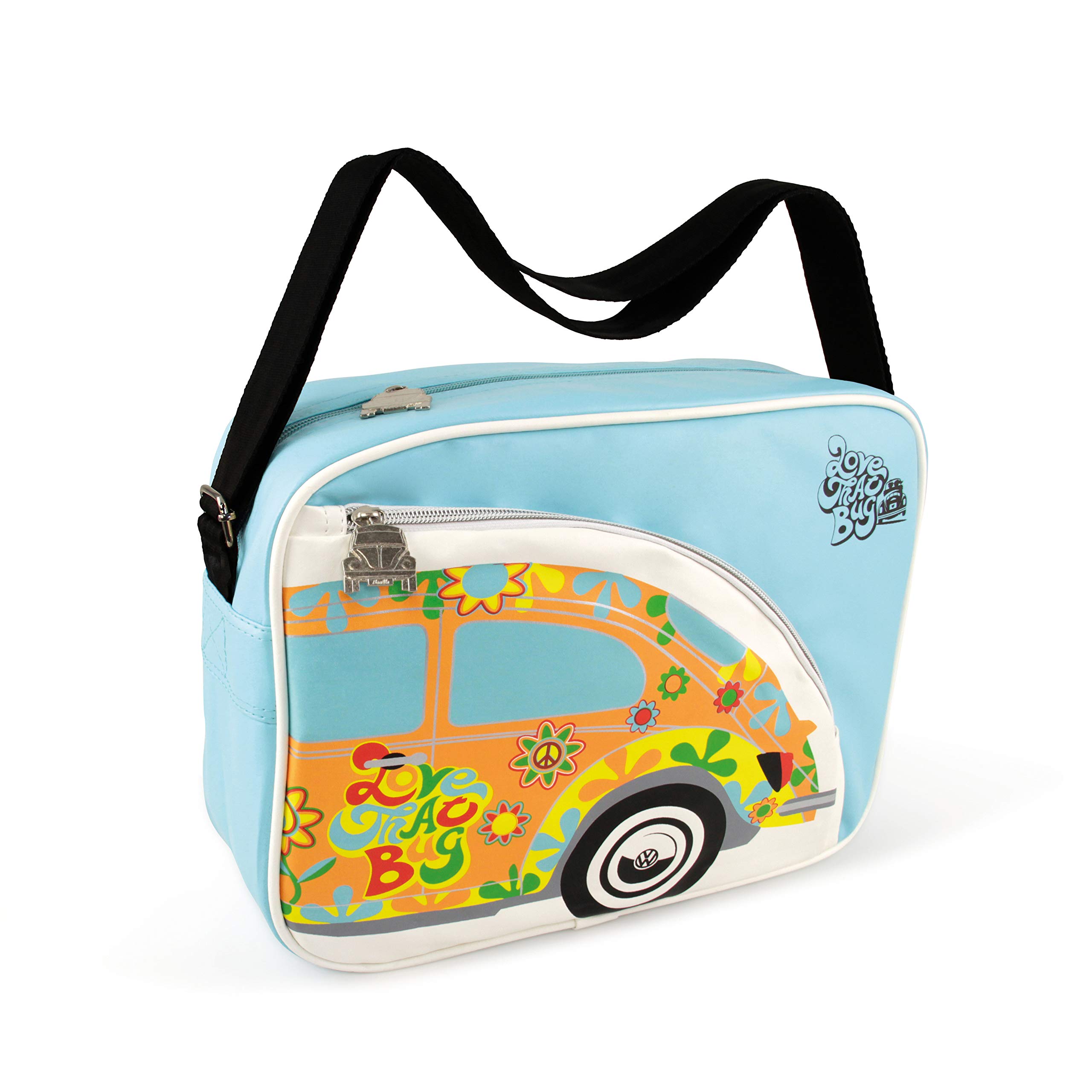 BRISA VW Collection - Volkswagen Shoulder Travel Messenger Bag with Beetle Bug Motif (Light Blue/Flower)