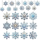 12Pcs Snowflake Decorations for Party Decor Christmas Accessories Wooden Christmas Ornaments with Hemp Rope Blue White Snowflake Hanging Ornaments Winter Xmas Hanging Decorations for Room Wall Decor