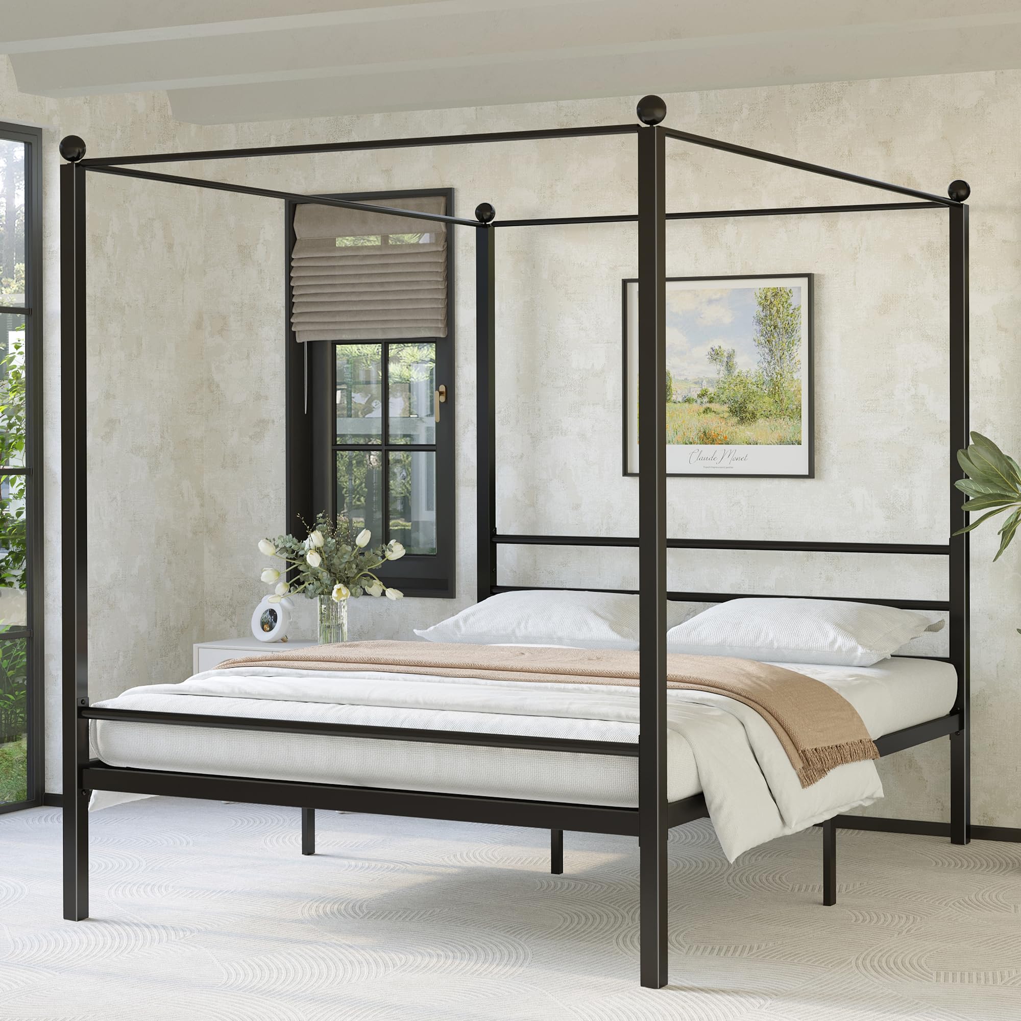 Photo 1 of **SCRPES FROM TRANSPORT **Lutown-Teen Canopy Bed Frame Queen, Four Poster Metal Canopy Queen Bed Frame, Heavy Duty Mattress Foundation with Underbed Storage, No Box Spring Needed, Easy Assembly, Black