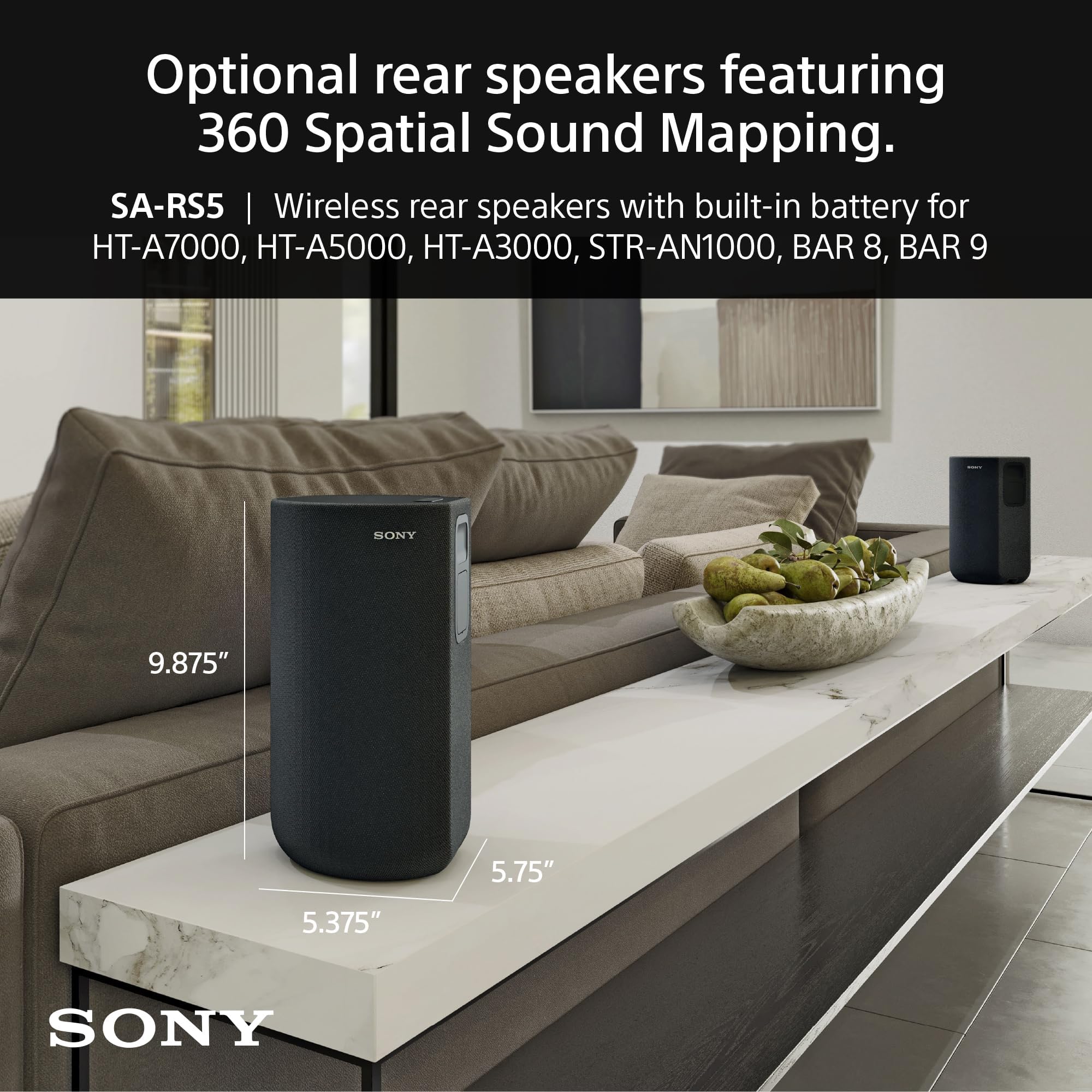 Sony SA-RS5 Wireless Rear Speakers with Built-in Battery for BRAVIA Theater (BAR 8, BAR 9), HT-A7000/A5000/A3000 and STR-AN1000