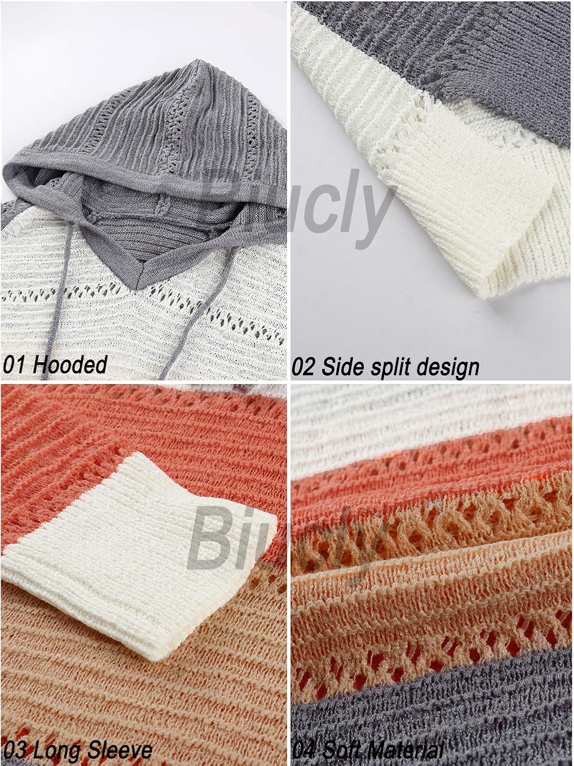 Biucly Women's Lightweight Color Block Knit Hoodies Sweaters Loose Long Sleeve V Neck Drawstring Pullover Sweatshirts(S-3XL): Clothing