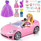 TQRAZ 76 Pcs Doll Car Playset Clothes and Accessories with 11.5 Inch Doll | Includes pink convertible car, 5 outfits, shoes, bags, hangers and accessories for doll dress-up toys for girls kids gifts