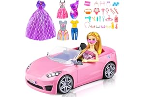 TQRAZ 76 Pcs Doll & Convertible Car Playset,Included 11.5 In Dol-l,Car,Princess Dresses,Fashion Dresses,Casual Clothing,Swimsuits,Bags,Shoes,Doll Playset,Doll Dress up Toys for Girls Kids Toddlers Gifts