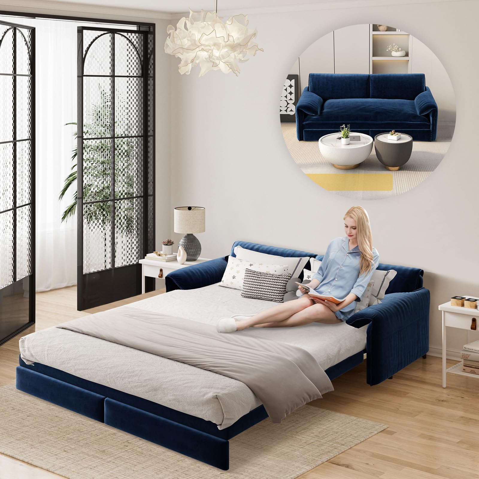 Photo 1 of 66" Queen Size Pull Out Couch Bed Convertible Sleeper Loveseat Sofa Velvet Futon Sofá Bed Oversized 3 in 1 Pullout Sofa&Couch for Side Storage and Soft Armrest for Living Room, Office, Apartment, RV