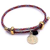 LESLIE BOULES 18K Gold Plated Saint Benedict Colored String Bracelet Charm Genuine Azabache Stone