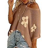 SELINK Flower Crochet Tops for Women Short Sleeve Hollow Out Sweaters Swimsuit Cover Ups Lightweight Knit Pullover