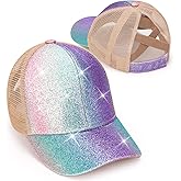 Girls Glitter Baseball Cap Criss Cross Hat, Girl High Ponytail Hat - Kids Trucker Hat with High Bun Messy Ponytail(Ages5-15)
