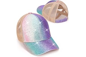 YSEOUL Girls Glitter Baseball Cap Criss Cross Hat, Girl High Ponytail Hat - Kids Trucker Hat with High Bun Messy Ponytail(Ages5-15)