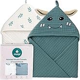 Chungie Soft Muslin Hooded Baby Towels 32x32 inches – 100% Cotton, 6-Layer Breathable Newborn Bath Towels with Hood, Pack of 2 (Printed + Embroidered)