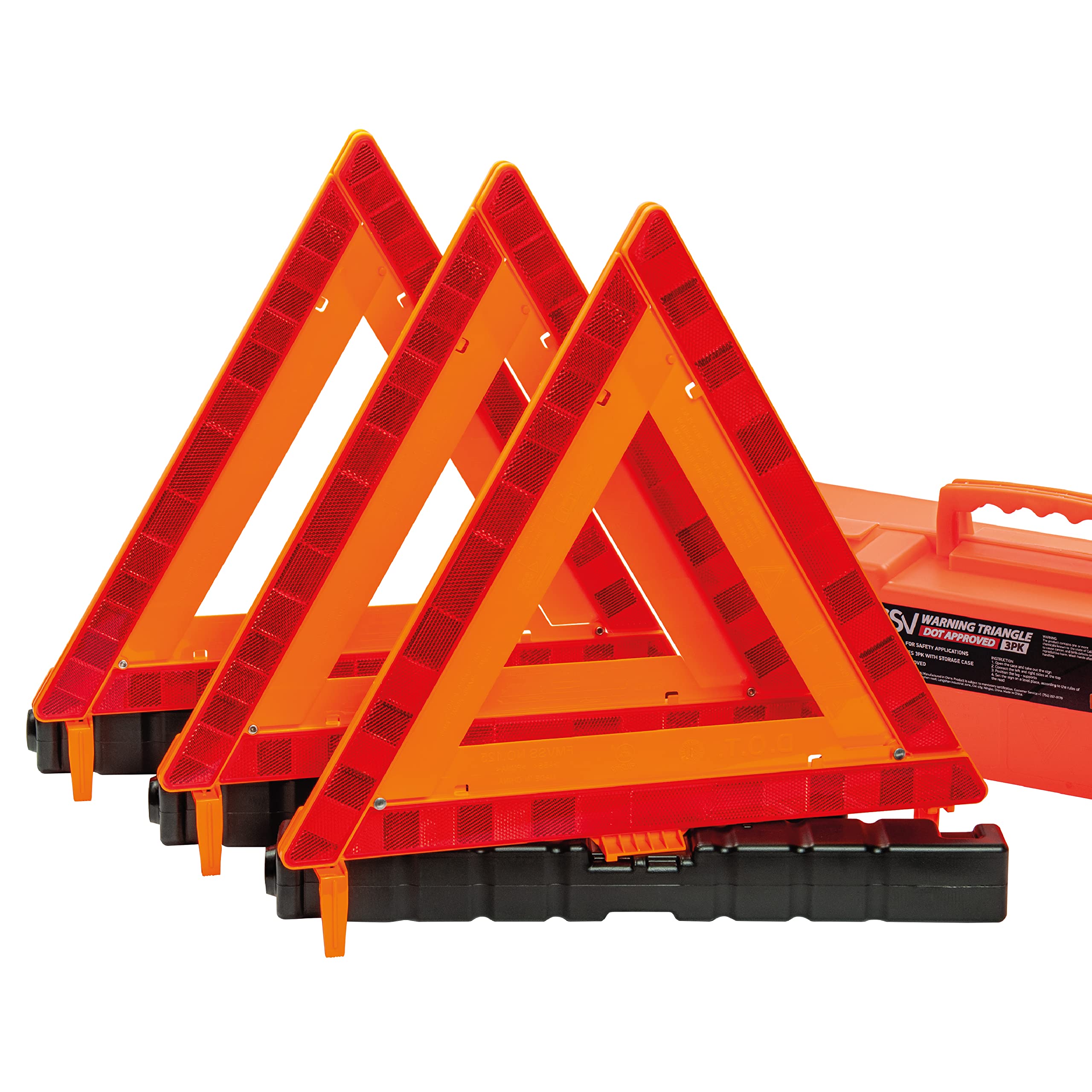Photo 1 of DSV Standard Warning Triangles, Safety Triangles DOT Approved, Plastic, 3 Pack, Reflective Triangles with Heavy Base, FMVSS 571.125 &Carrying Case Included
