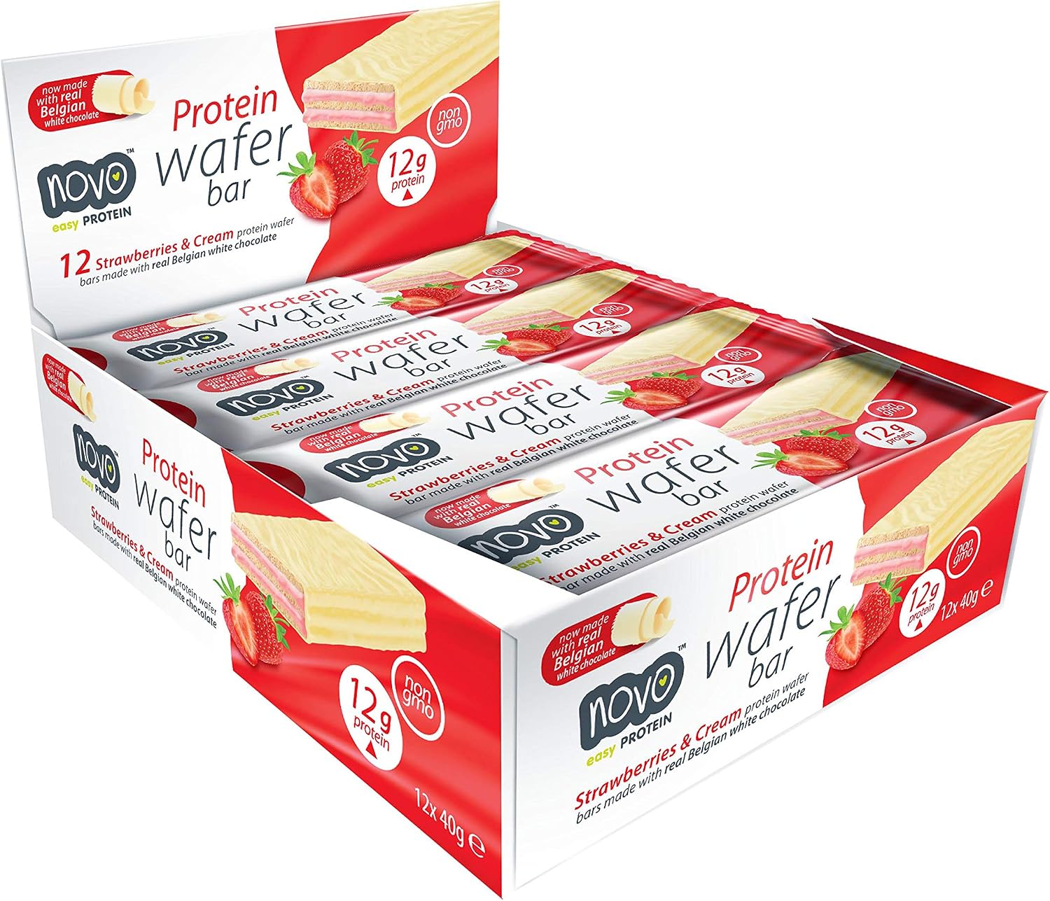 Novo Nutrition | Protein Wafer Bar | Pack of 12 x 40g | Strawberries & Cream Flavour | Healthy Crispy Wafer Snack with High Protein and Real Belgian White Chocolate | Suitable for Vegetarians