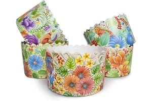 15oz Large Panettone Paper Kulich Molds with Petrikovka Design - 12pcs | H 3.54″ x W 5.11″ (9cm x 13cm) | Round Non-Stick Pan