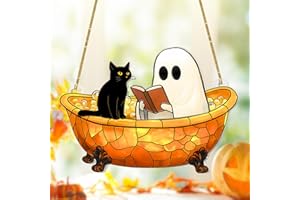 HUTATO Ghost Suncatcher Halloween Window Decor – Cute Acrylic Ghost Reading in Bathtub with Cat – Spooky Handmade Ornament, Bookish Gift, Small Funny Decoration for Home or Reader Gifts (Style 4)