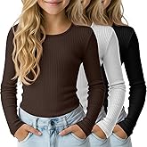 LessonZoo 3 Pack Girls Long Sleeve Shirts Cotton Ribbed Tops Crewneck Layering Slim Fit Uniform Undershirts Teen Basic Tees