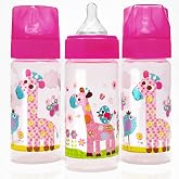 Avima 9 oz Anti Colic Baby Bottles w Medium Flow Nipples, 4-7M (Set of 3) | Wide Neck Stage 2 Silicone Nipples. Pink Giraffes Design