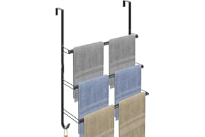 Livabber 3-Tier Over The Door Towel Rack, All Metal Towel Rack with Hooks for Door Hanging, Behind Door Towel Bar Towel Storage Holder for Bathroom Accessories, Black (19.37" L x 5.9" W x 24.4" H)