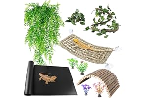 TankMatDecor Bearded Dragon Tank Accessories, Reptile Mat Hammock Plants Bridge Jungle Climber Vines Terrarium Decorations for Leopard Gecko Hermit Crab Lizard Snake (10 PCS with Reptile Mat)