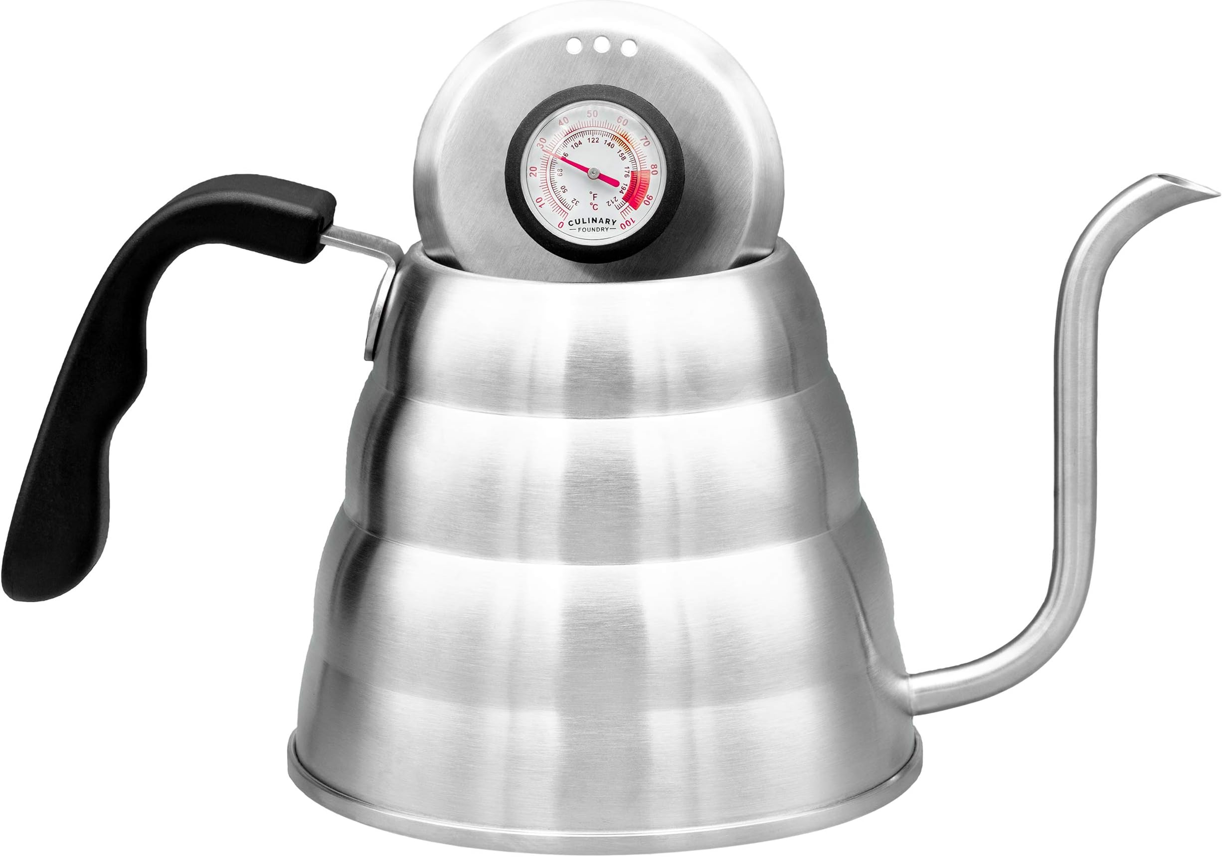 Pour Over Coffee Kettle With Gooseneck Spout by Culinary Foundry - 1.2 Liter Capacity Made of Premium Stainless Steel With Built-In Thermometer - Achieves Perfect Water Temperature Every Time