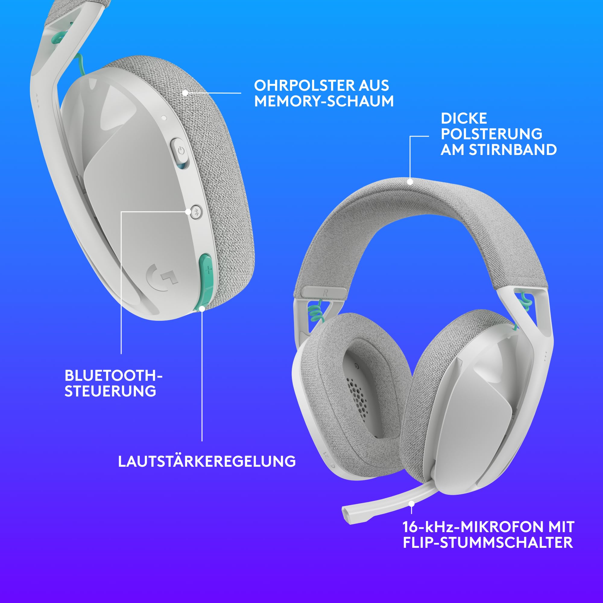 Logitech G G321 Lightspeed kabelloses Bluetooth-Gaming-Headset, dynamischer Komfort und Passform, 16-kHz-Schwingmikrofon, über 20 Std. Akkulaufzeit, PC, PS4, PS5, Nintendo Switch, Mobilgerät – Weiß 8