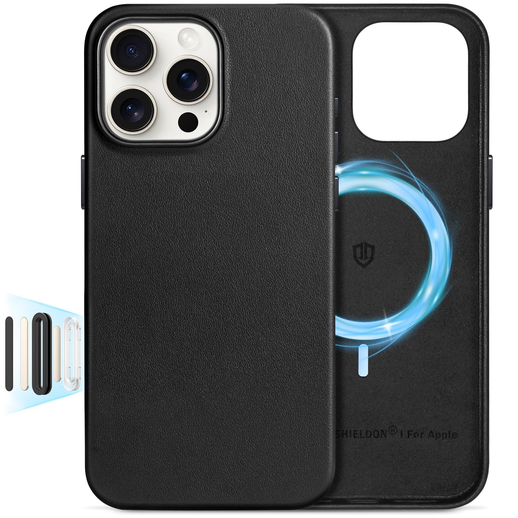 SHIELDON Genuine Leather Case for iPhone 16 Pro Max 6.9", [Camera Button Updated], Compatible with MagSafe, Magnetic Wireless Charging/Non-Slip/Shockproof/Metal Buttons/Camera Bump Frame Cover - Black