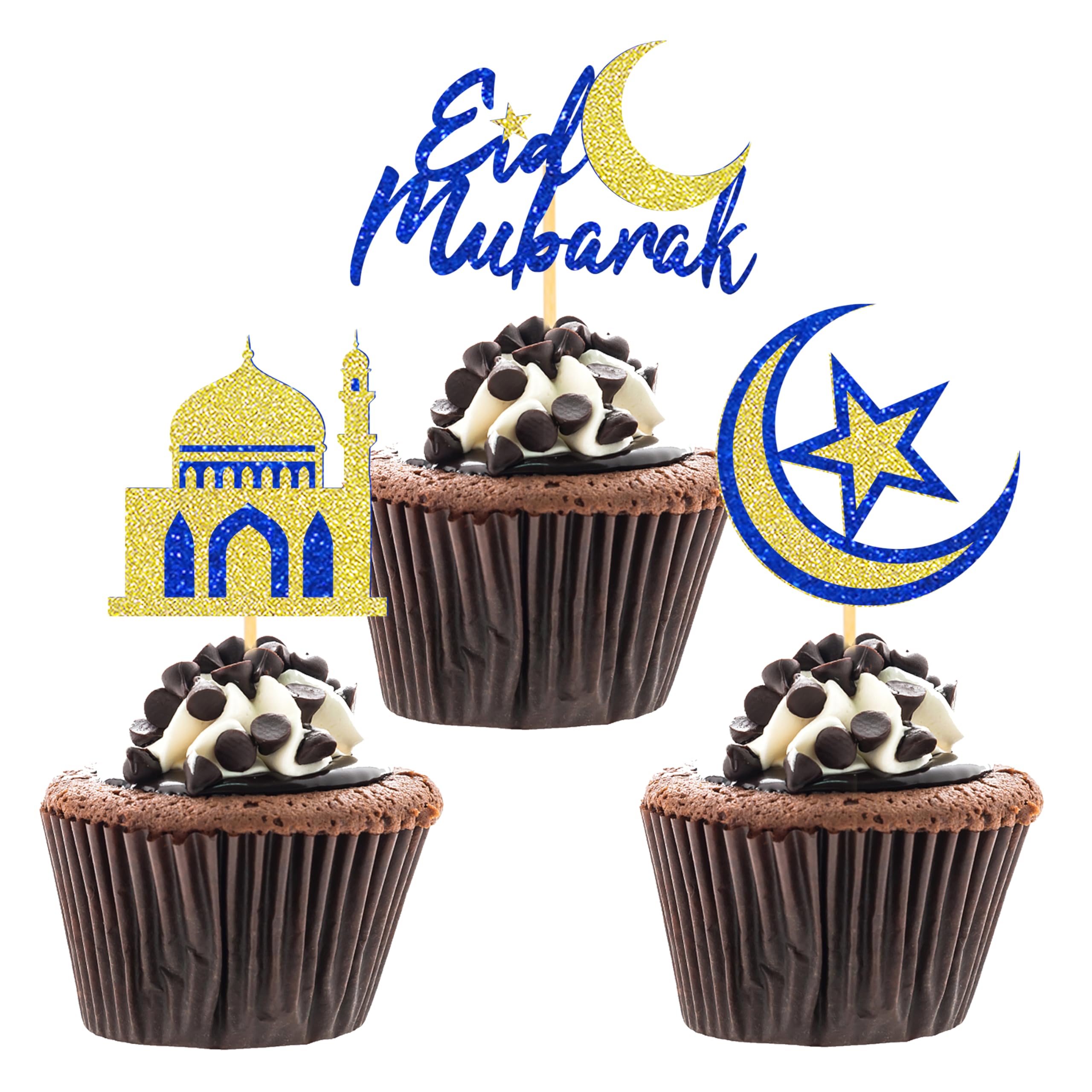 24 Pcs Eid Mubarak Cupcake Toppers, Glitter Ramadan Mubarak Cupcake Decoration Picks, Eid Decoration for Cake, Ramadan Decoration 2026 (Gold& Blue-A) — image 1