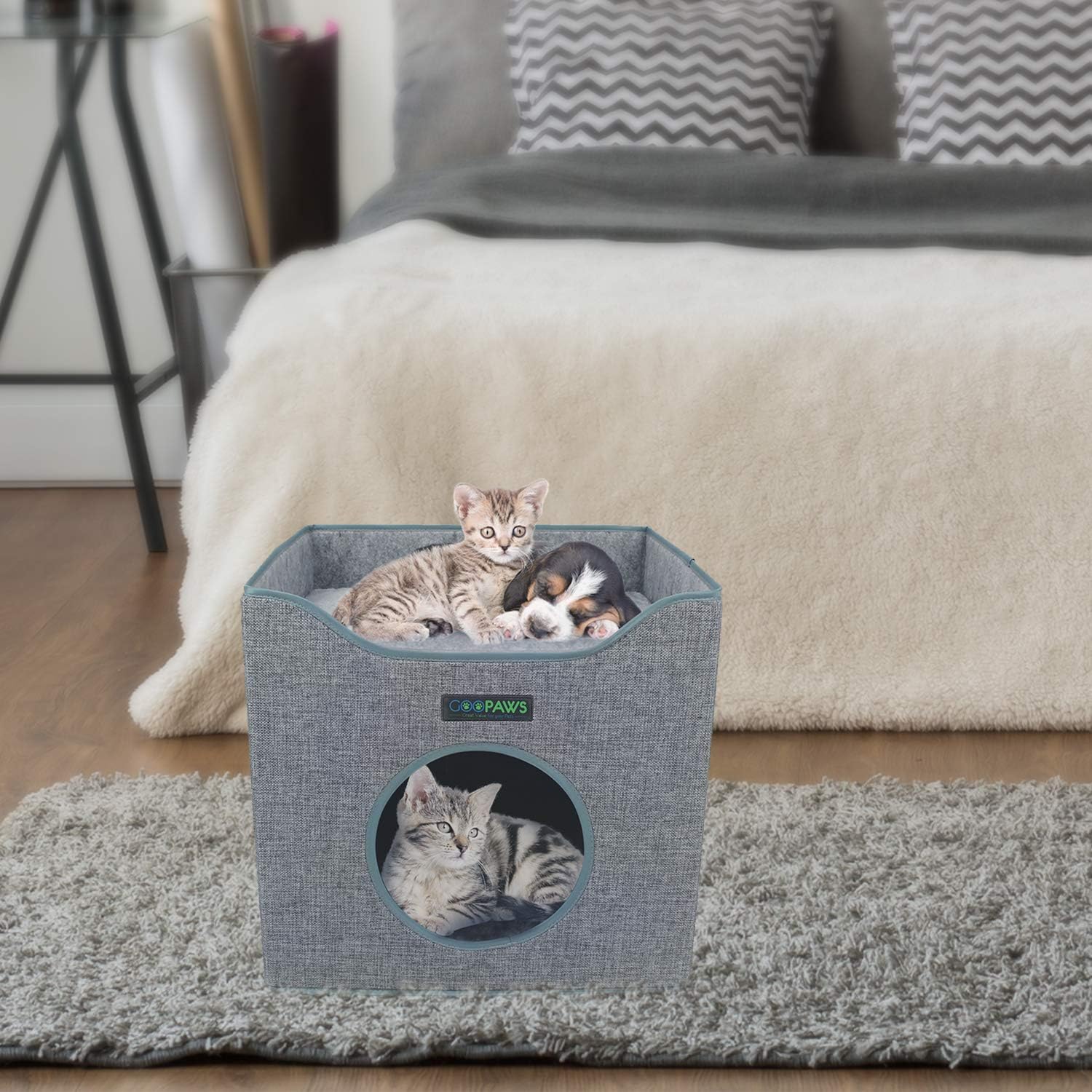 JESPET Foldable Cat Condo, Cat Cube House & Sleeper Bed with Lying Surface 2 Reversible Cushions, Cat Hiding Place, Cat Cave, Linenette Fabric, Felt and Engineered Wood, Scratch Resistant, Smoke Gray : Pet Supplies