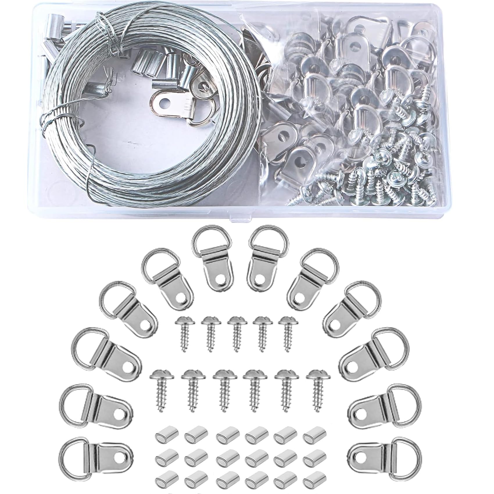 Picture Hanging Wire,30M Picture Wire Picture Hooks Picture Hanging Kit with D Ring Picture Hangers,Crimping Loop Sleeve for Hanging Photo Frames, Mirror, Wall Art