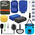 AUTODECO 22Pcs Car Wash Cleaning Tools Kit Car Detailing Set with Olive Green Canvas Bag Collapsible Bucket Wash Mitt Sponge Towels Tire Brush Window Scraper Duster Complete Interior Car Care Kit