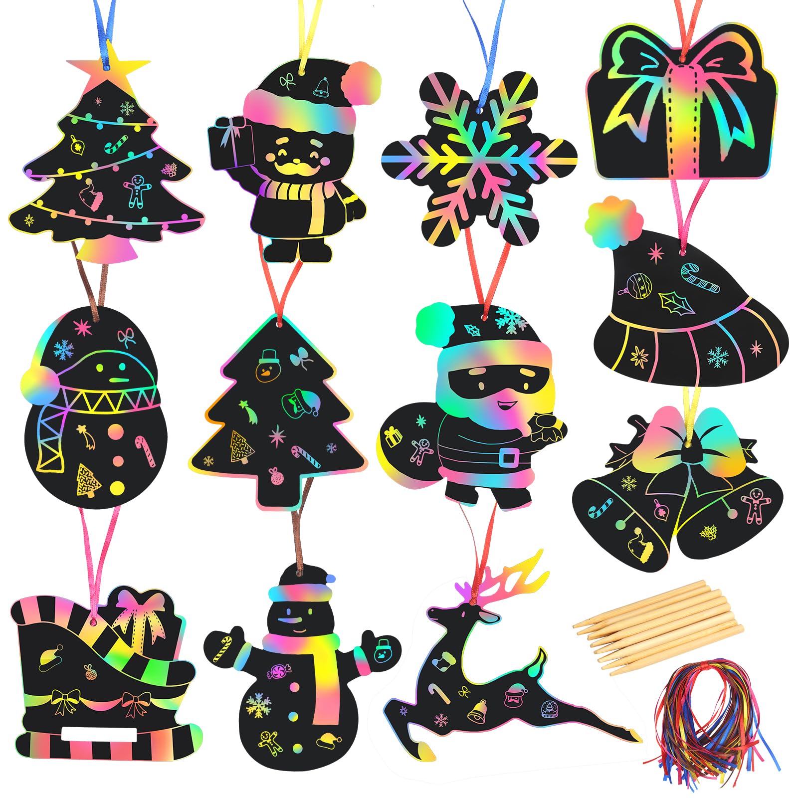MONCAP 48pcs Christmas Scratch Art Xmas Black Magic Scratch Paper with Xmas Tree Snowman Snowflake Santa Claus Pattern for Kids Girls Boys Christmas Craft Project Gift Decor