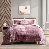 RECYCO Channel Box Stitch Velvet Quilt Set, Queen Size, Dusty Mauve Pink | Ultra Soft Lightweight Velvet Comforter, Luxury Oversized Bedspread Coverlet, Quilted Bedding Set for All Season with 2 Shams