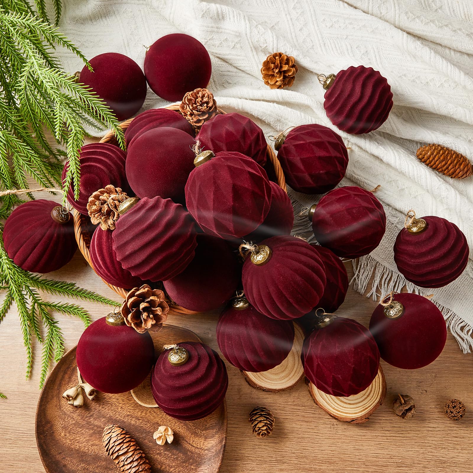 Photo 1 of 24 Pcs Light Scented Velvet Christmas Balls Bulk Winter Fir Scent Flocked Christmas Tree Ball Ornaments Hanging Baubles for Xmas Holiday Home Gift Yard Decor (Burgundy 3.15 Inch)