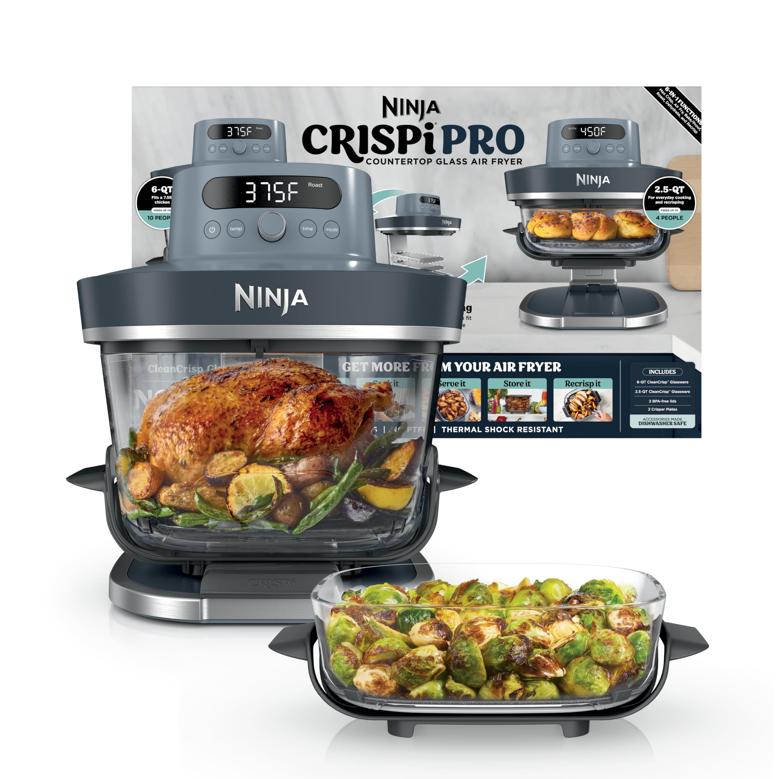 Freidora de aire de vidrio Ninja Crispi Pro 6 en 1 | Con contenedores y tapas no tóxicos de 6 qt y 2,5 qt | Apto para microondas, congelador y lavavajillas | Temperatura máxima de 450 °F | 1800 vatios | Ciberespacio | AS101CY