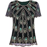 Vijiv Women's 1920s Vintage Beaded Evening Top Art Deco Scalloped Hem Peacock Sequin Embellished Blouse Tunic