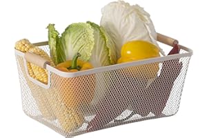 Basicwise Multipurpose Metal Mesh Basket with Wooden Handle Storage Organizer for Kitchen Pantry Bathroom Cabinet Closet Countertop Fruit Holder Picnic Food and Beverages Carrier and Home Decor, Large