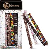 Kremery - Dark Milk Chocolate Covered Pretzel Rods Gift Basket in Confetti Tower (10 Count) Assorted Candy Toppings - Birthda
