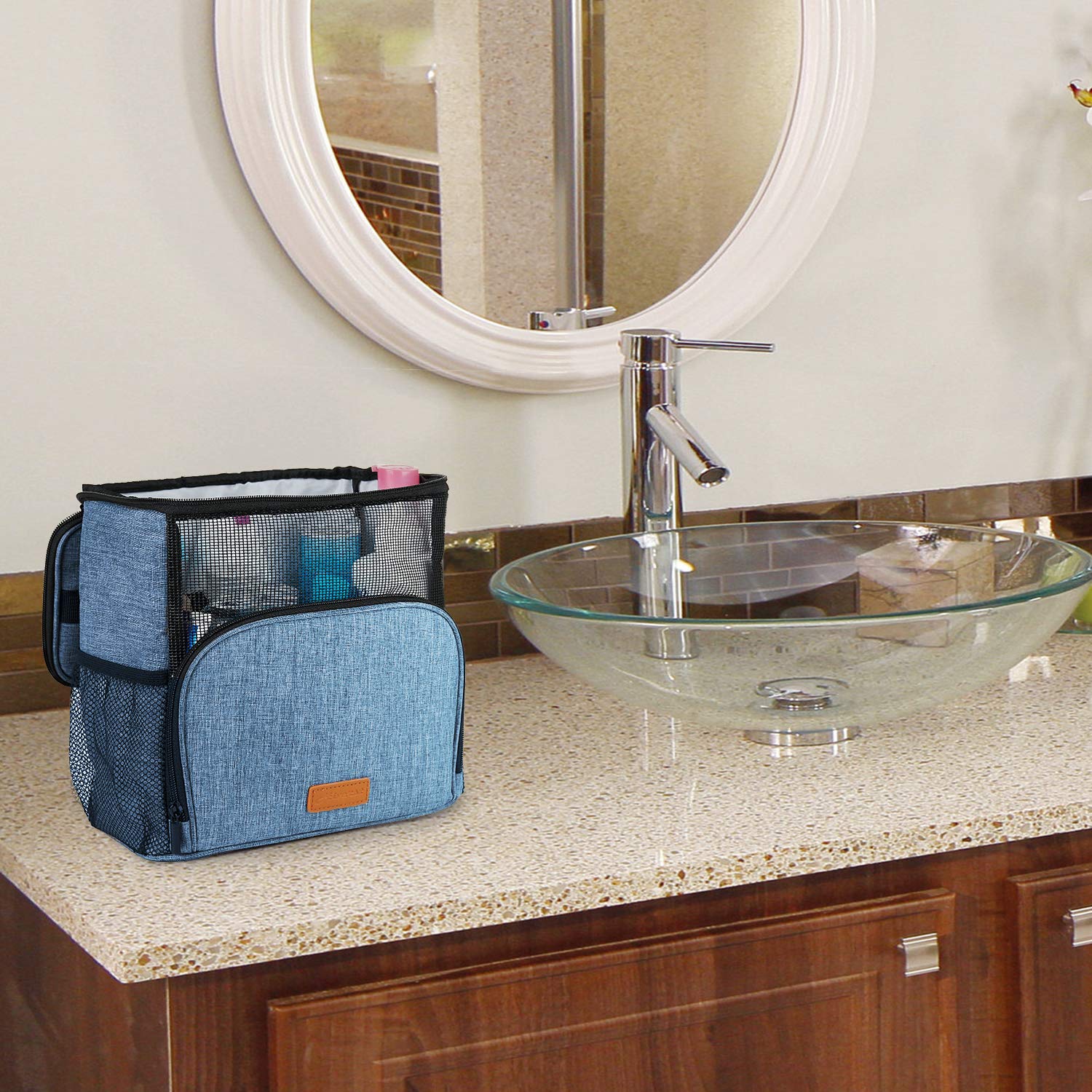 Hiverst Hiverst Hanging Toiletry Bag, Shower Caddy Tote Bag (Updated Version, Full Size Bottle Compatible), Bath Organizer for College Dorms, Gym, Camp, Women Men, with Funny Luggage Tag
