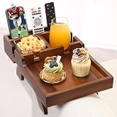Acanacle Couch Arm Table with Dual Cup Holders, Acacia Wood Sofa Arm Tray | Fits armless sofas &amp; sectionals, foldable tray for drinks, snacks &amp; remotes, storage slots for neat organization,15.35"x9.85"