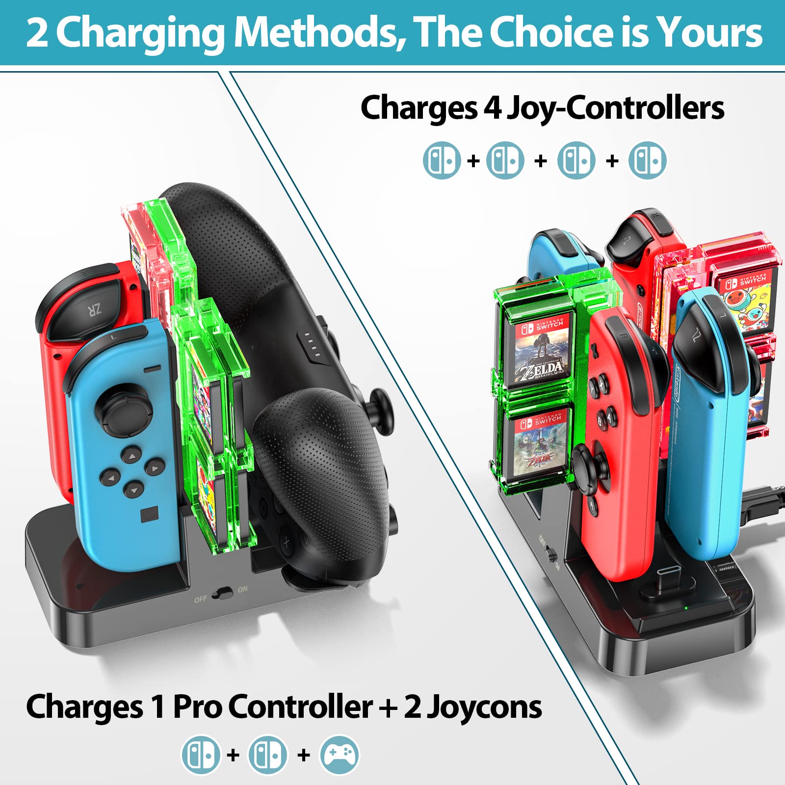 Joy-Con Charging Stand, 4 Simultaneous Charging, OIVO Joycon Charger, Includes Charging Instruction LED, 8 Game Disc Storage, USB-C Charging Cable Included