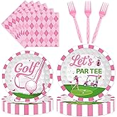 96 Pcs Golf Party Decorations, Pink Let's Par Tee Plates Napkins Forks for 24 Guests, Cute Golf Themed Tableware Set Party Supplies for Women or Girls