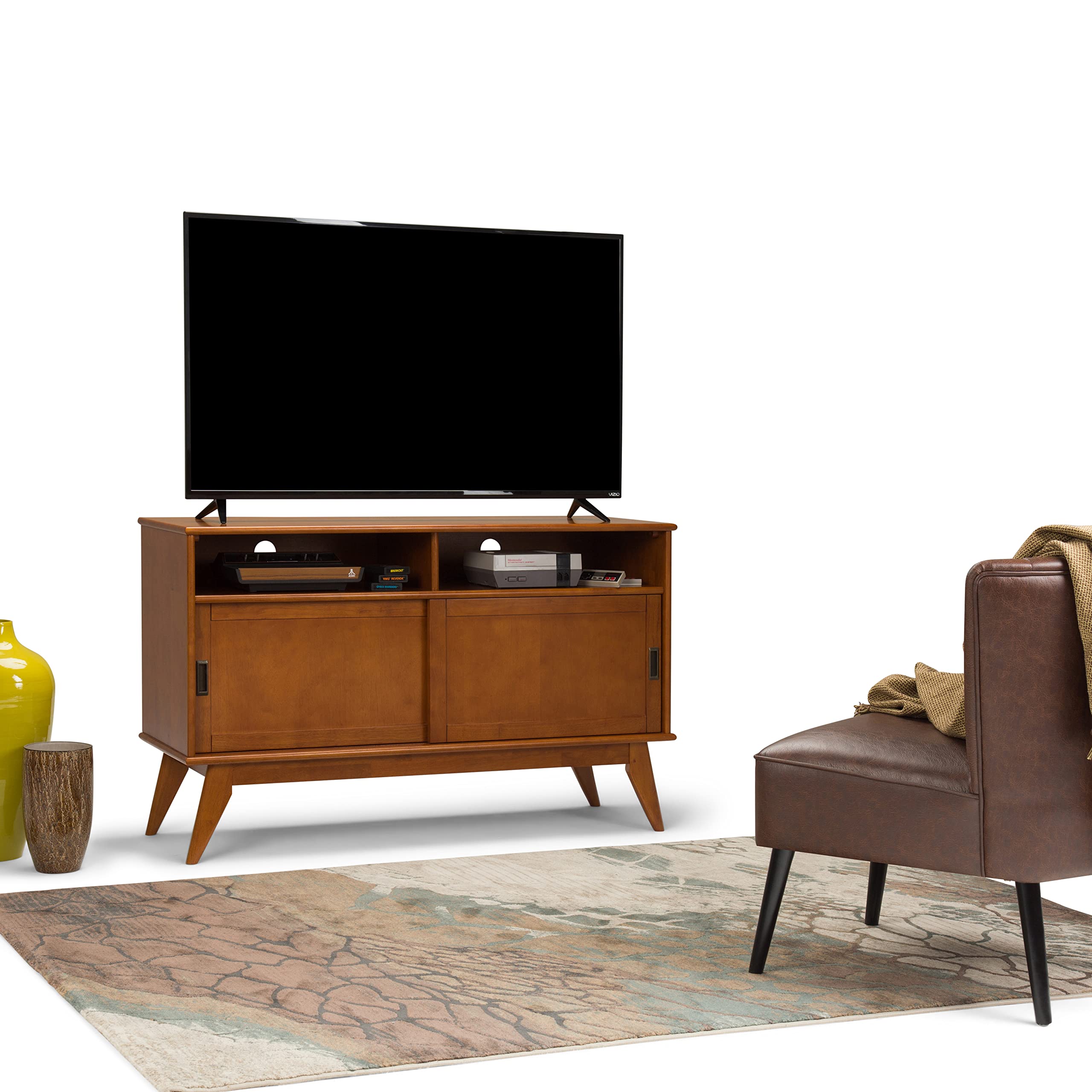 Photo 1 of ***Loose Hardware In Box*** SIMPLIHOME Draper SOLID HARDWOOD 54 Inch Wide Mid Century Modern TV Media Stand in Teak Brown For TVs up to 60 Inches, For the Living Room and Entertainment Center