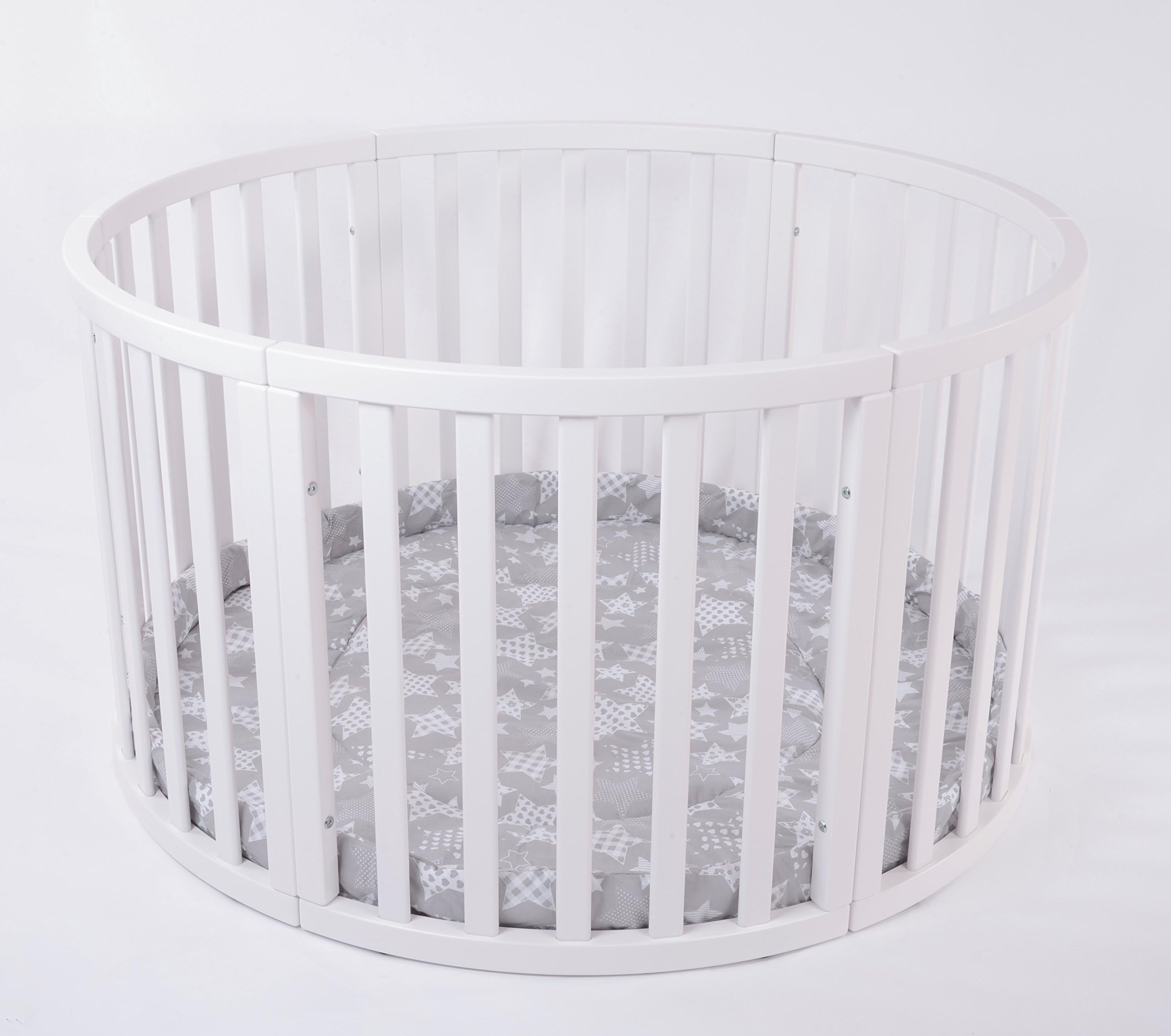 MJmark Round PLAYPEN APOLLO DUE VERY LARGE Wooden play pen with play-mat SALE SALE (Grey Patch Work Stars)