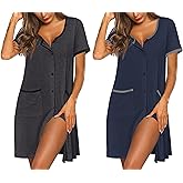 Ekouaer Nightgowns for Women 2 Pack Button Down Sleep Shirts Short Sleeve Nightshirt Sleepwear House Dress with Pockets