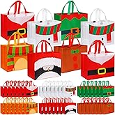 Sanwuta 48 Pcs Christmas Bags Bulk for Gifts 12.8 x 9.8 x 6.7 in Large Tote Treat Grocery Bags with Handles Santa Claus Belt Reusable Non Woven Pocket for Xmas Holiday Wrapping Shopping Party