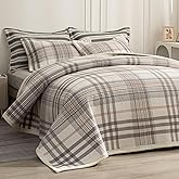 tohrisa Cotton Plaid Quilt Set, Ultra Soft 3 Pieces Queen Size Bedding with 2 Pillow Shams, Lightweight Reversible Coverlet Bedspread with Wave Quilting for Summer, 90"x96", Grid-Grey White