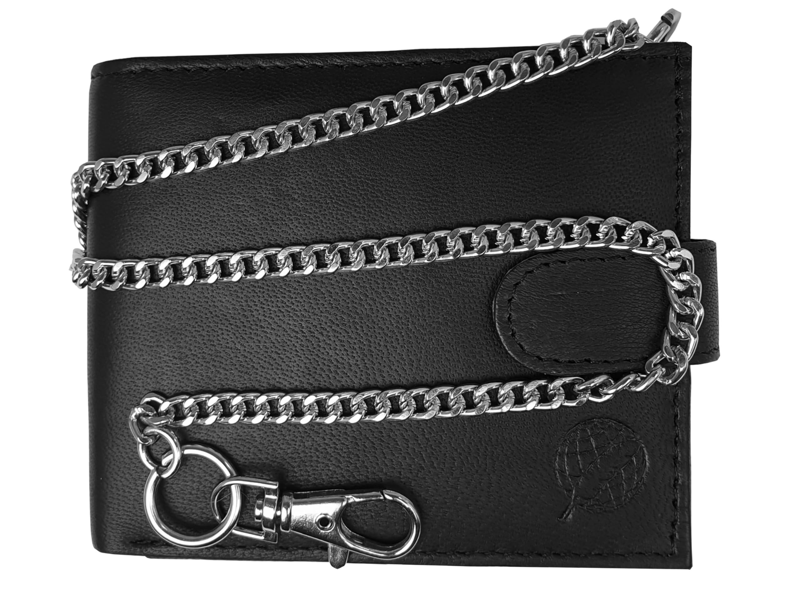Roamlite Mens Leather Wallet - 43cm Key Belt Chain - 4 Credit Card Slots - Buttoned Coin Pouch - 11 cm x9.5x2 RL506KA (Black Not R*F*I*D Blocking)