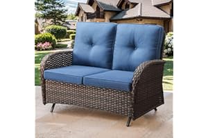 Bellefurn Patio Loveseat Wicker Loveseat Rattan Glider Sofa with Curved Armrest Thicking Back & Seat Cushions for Garden Balcony Backyard Brown Wicker|Blue Cushions (B) Patio Loveseat Glider